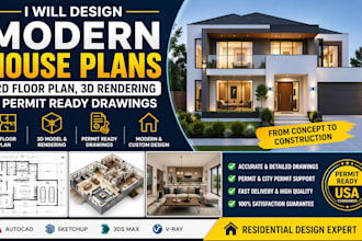 design modern single family house plans, floor plan, 2d drawing and 3d rendering