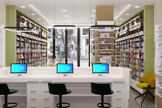 revitalize 3d pharmacy interior,drugstore design,shelving layout,clinic render