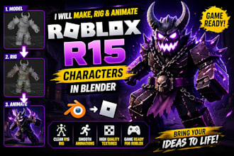 make model, rig, animate for roblox game, blender, build character, monster, r15