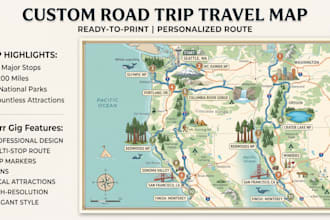 create travel map, tourist map, route map, illustrated guide map design