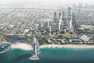 cgi coastal cityscape,3d residential tower complex,beachfront community render