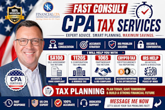 fast consult CPA tax filing, tax planning sa100, 1120s 1065 crypto tax irs help