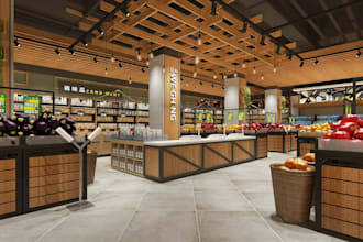 design realistic 3d supermarket interior, grocery store and retail layout