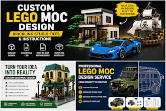 design custom lego moc, 3d models with bricklink studio files and instructions