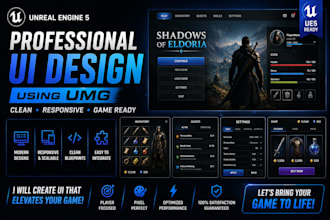 design unreal engine UI, unity game UI UX, menus hud, inventory for your game