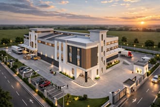 develop multi story office block,commercial hub design, warehouse complex render