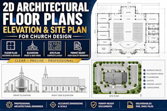 2d architectural floor plans, elevation and site plans drawing for church design