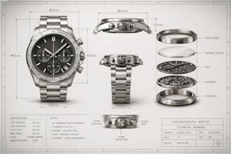 create 3d watch design with technical drawings for manufacturing