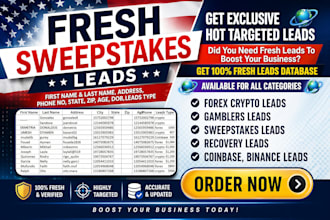 provide first hit sweepstaks leads, timeshare leads, banks leads USA, UK, canada