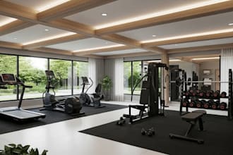 design realistic 3d gym house, yoga sports complex, bar and restaurant interiors