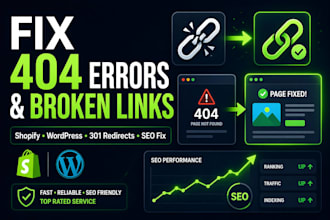 fix 404 errors, 301 redirects, and broken links for shopify or wordpress bug fix