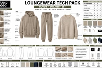 design loungewear knitwear tech pack hoodie set sweater cad for manufacturing