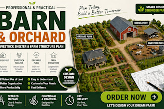 design barn layout, orchard plan, livestock shelter and farm structure