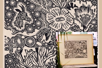custom linocut woodcut illustration, vintage engraving, detailed hand drawn art