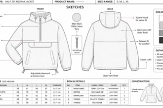 design puffer jacket tech pack cad flat sketch for manufacturing