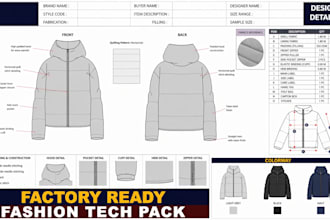 design puffer jackets tech pack, flat sketch and cad for manufacturing