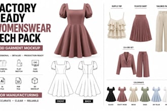 design dresses tops skirts co ord pants flat sketch tech pack for manufacturing