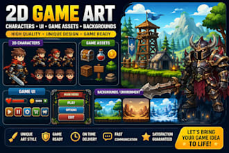 design 2d game art, 2d game ui game assets background environment 2d character