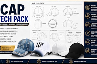 create cap tech pack headwear design with technical flat sketches for production
