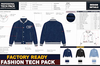 create bomber, denim, varsity tech pack, flat sketch and cad for manufacturing