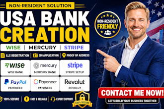 create USA bank account with wise mercury stripe payoneer for non US residents