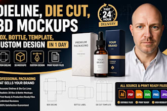 do dieline die cutline, 3d mockups box, bottle, template, custom design in 1 day
