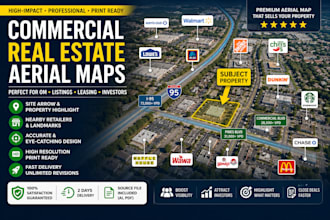 create commercial real estate aerial map with site arrow, and logo