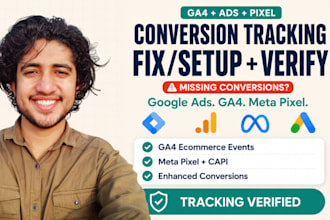 fix or set up ga4, GTM, meta pixel capi and google ads conversion tracking
