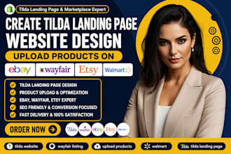 create tilda landing page website design upload products on ebay, wayfair, etsy
