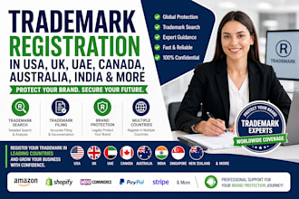 register and trademark your brand in USA, UK, uae, canada, singapore, india