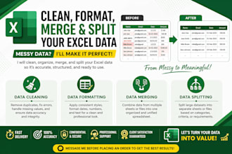 clean, format, merge, split excel data