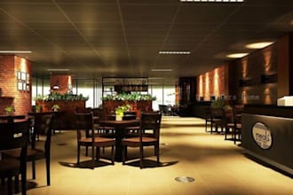 do interior design of restaurant office and cafe with 3d render