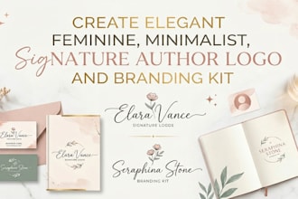 create elegant feminine, minimalist, signature author logo and branding kit