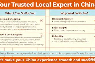 be your personal assistant in china for sourcing , shopping and travel