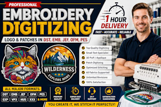 do embroidery digitizing logo and patches in dst, emb, jef, ofm, pes in 1 hour