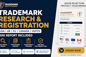 do trademark research and registration for USA UK eu canada uspto risk report