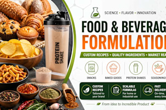 formulate food and beverages, snacks, baked food, protein shakes, seasonings