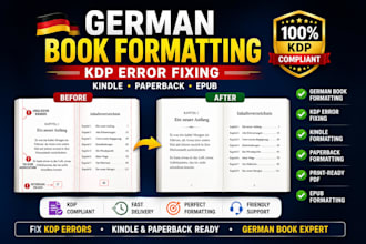 do german book formatting, kdp error fixing, kindle and paperback formatting