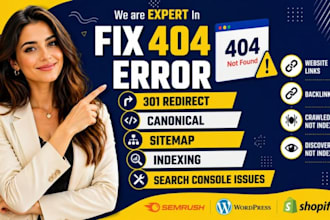 fix 404 error, 301 redirect, canonical, sitemap, indexing, search console issues