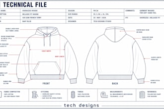 create apparel tech pack  for tshirt hoodie and short