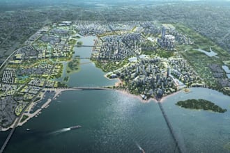 create 3d urban masterplan large scale waterfront city layout real estate render
