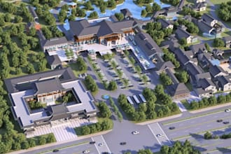 cgi resort complex, community masterplan,commercial estate design,3d parking lot