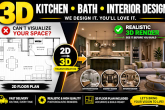 model render 3d kitchen remodel cabinet bath interior design 2d floorplan