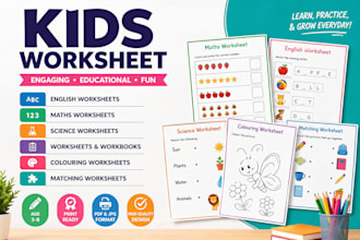design worksheet, english, math, science, kids activity tracing, format workbook
