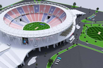 design cgi 3d sport complex, 3d football field, pickle and volley court, stadium