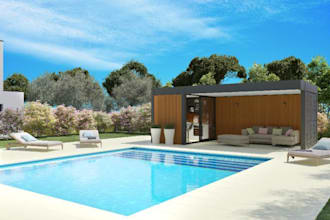 design modern outdoor kitchen and pool for backyard terrace patio garden in 3d
