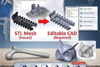 fix stl file, convert stl to step, and create 3d cad model for 3d printing