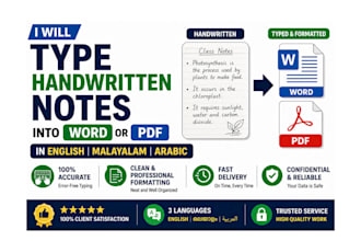 type handwritten notes into word or pdf in english arabic and malayalam