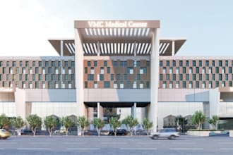 design and render 3d photorealistic hospital, clinic center, lab, pharmacy, icu