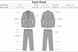 design shirt trousers suit jacket hoodie tech pack flat sketch for manufacturing